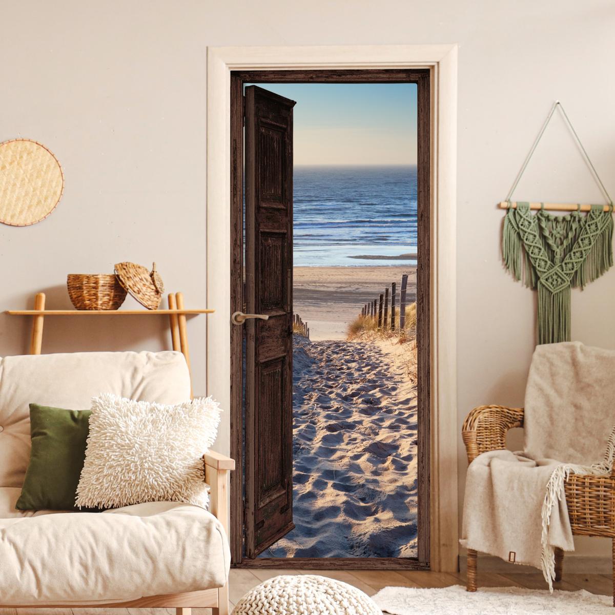 TÜRAUFKLEBER Durchblick - Strand - Meer - Weg - Dünen 90x215 cm - Türtapete - Sandfarben, Kunststoff (90/0.1cm) - MuchoWow