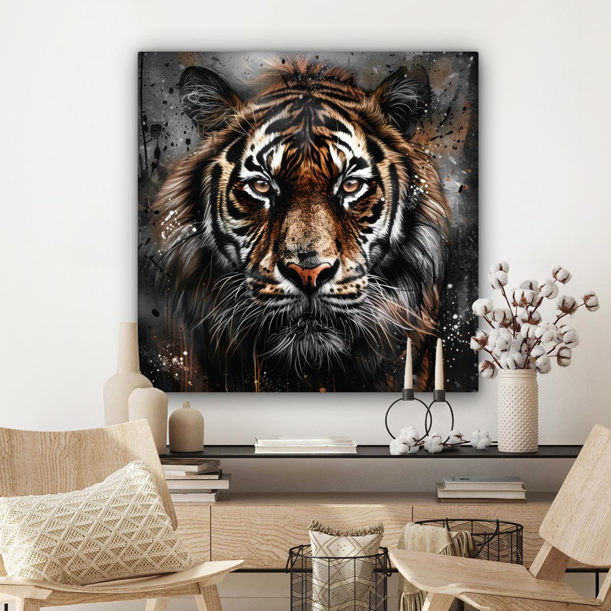LEINWANDBILD Tiger - Tiere - Porträt - Luxus - Schwarz Deko Groß 90x90 cm - Anthrazit, Textil (90/90cm) - MuchoWow