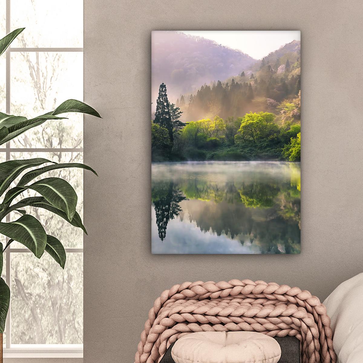 LEINWANDBILD Natur - Bäume - Berge - See - Wasser Wanddeko 40x60 cm - Hellgrün, Textil (40/60cm) - MuchoWow