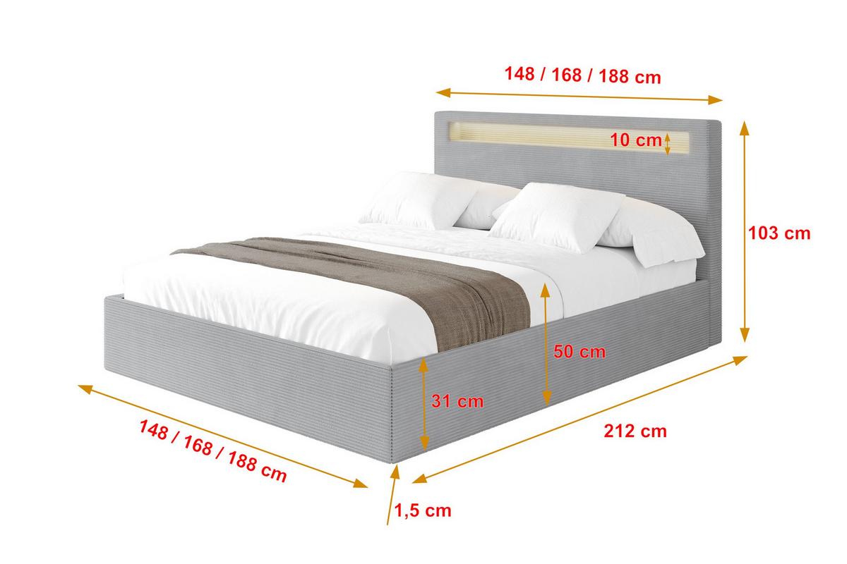 POLSTERBETT mit Bettkasten und Lattenrost, Bett mit Matratze H3/H4 - GOLA 140x200 Grau - Alufarben, Holzwerkstoff/Textil (140/200cm) - ALTDECOR