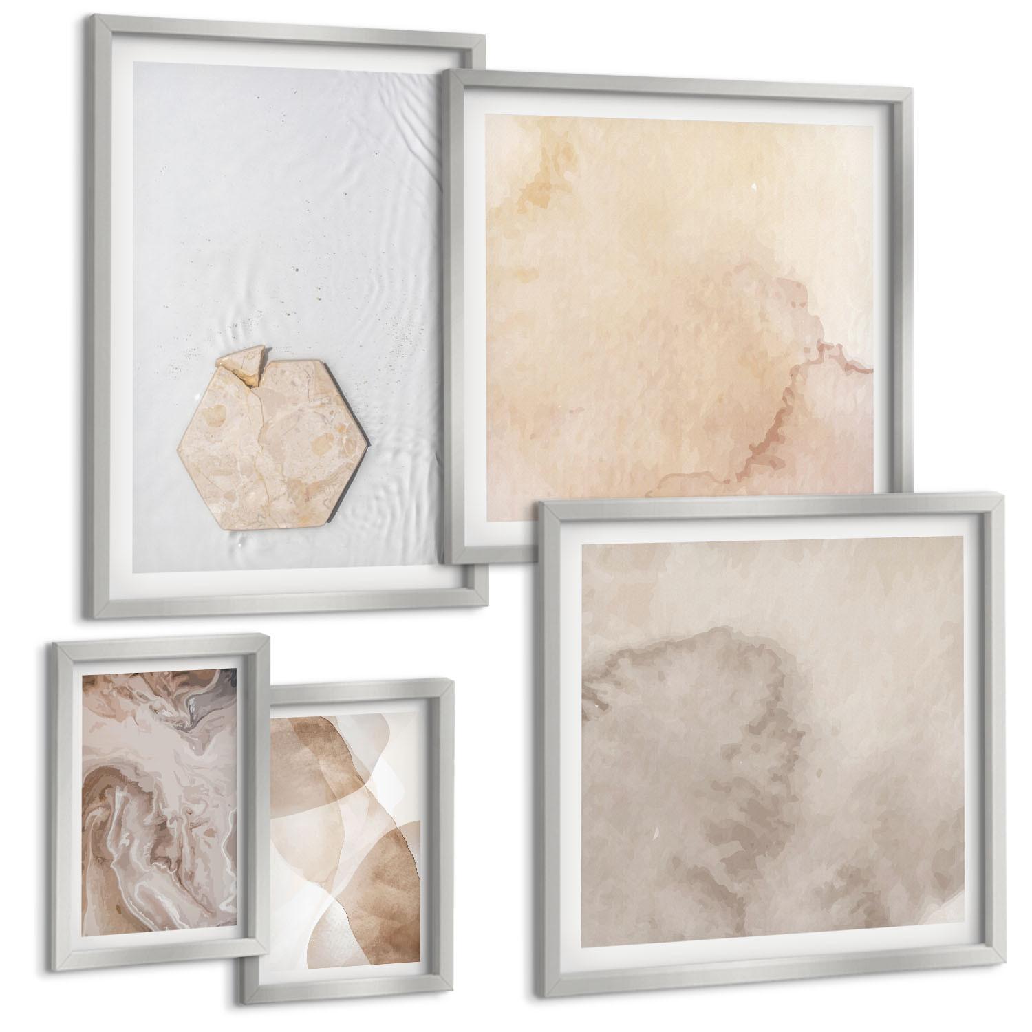 BILDER SET 5er Set - 50x50 cm & 20x30 cm & 40x60 cm Silberner Rahmen - Designabstraktion, Naturinspiration - Silberfarben, Kunststoff (40/60cm) - TULUP