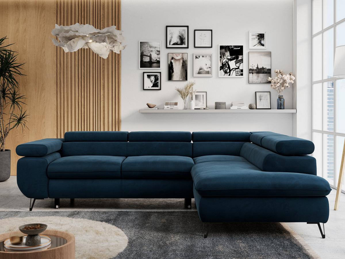 ECKSOFA PETER L Dunkelblau Velvet - Rechts Seite - Schwarz/Dunkelblau, Textil/Metall (273/208cm) - MKS