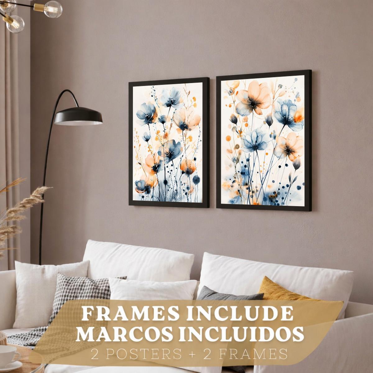 POSTER 2er-Set Wandbilder Blumen Blau Orange Boho modern Wohnzimmer Deko, Schlafzimmer, Küche, Badezimmer Rahmenlos A3 - Schwarz, Papier (29.7/1/42cm) - Nacnic
