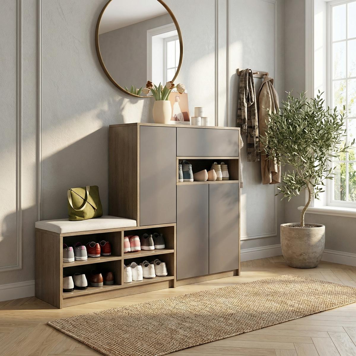 SCHUHSCHRANK in Grau mit Sitzkissen & grifflosen Türen - Grau, Holzwerkstoff (140/110/35cm) - Urban Meuble