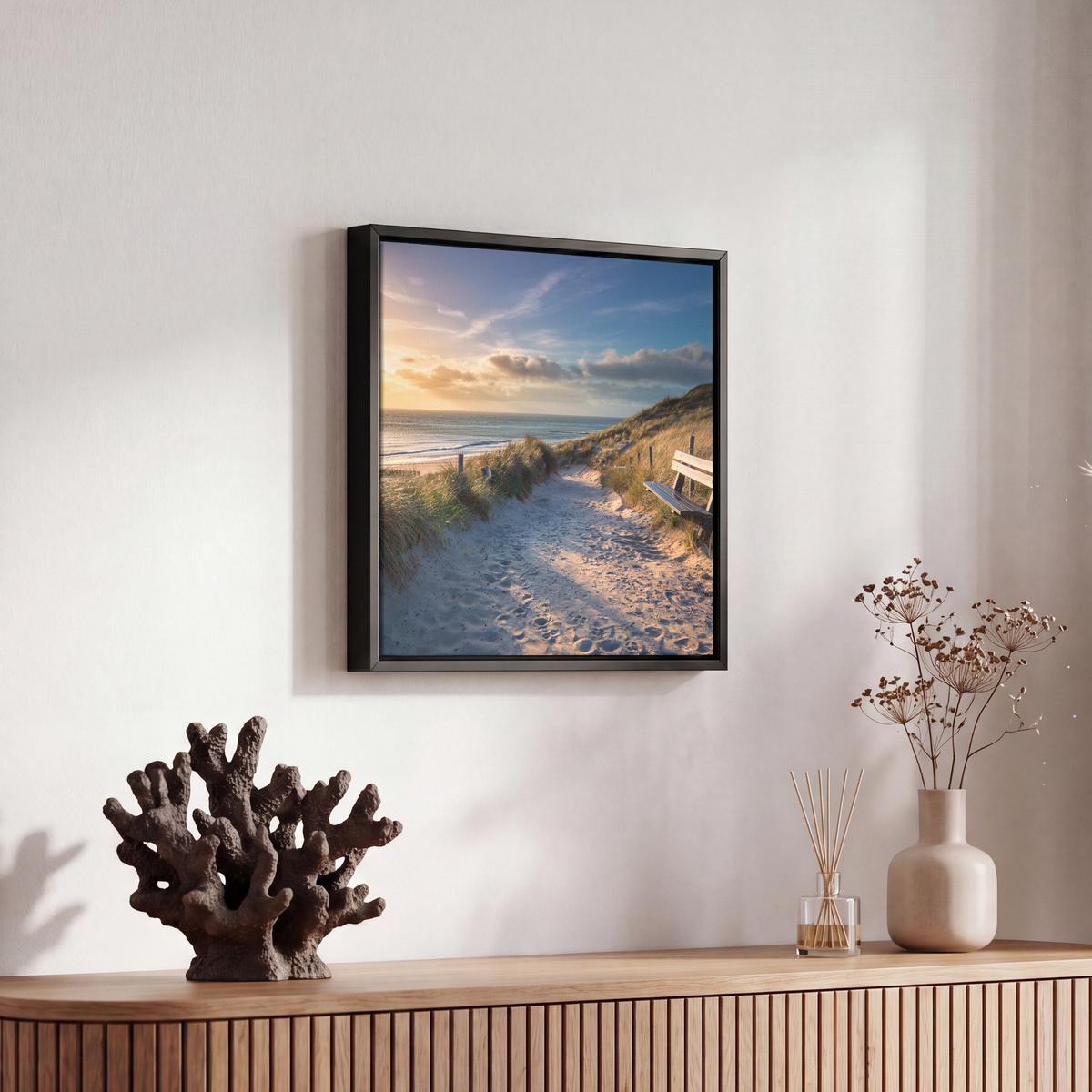 LEINWAND Bilder mit Rahmen - Sonnenuntergang - Strand - Düne - Gras - Ufer - 20x20 - Sandfarben, Textil (20/20cm) - MuchoWow