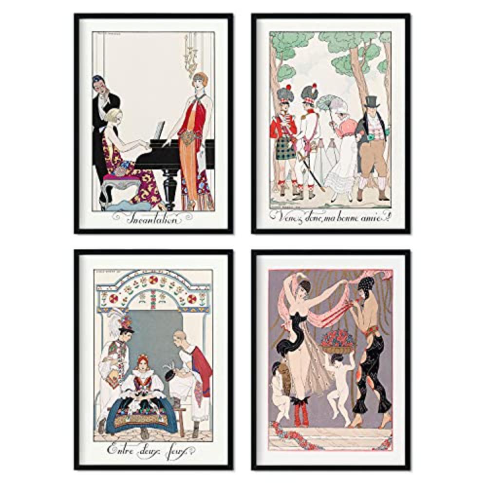 POSTER Set mit 4 Bettwäsche eingestellt vom Künstler George Barbier A3 Schwarzer Rahmen - Schwarz, Papier (29.7/3cm) - Nacnic