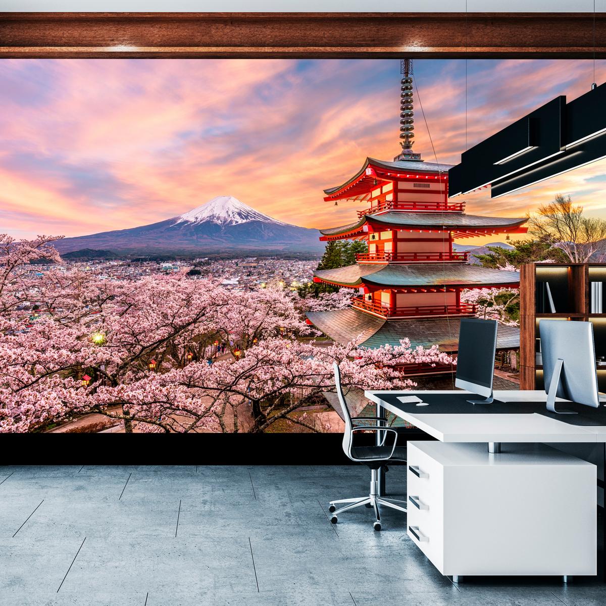 FOTOTAPETE für Wohnzimmer Japanische Pagode Frühling Sonnenuntergang 300x210 - Rot/Violett, Papier (300/210cm) - Muralo