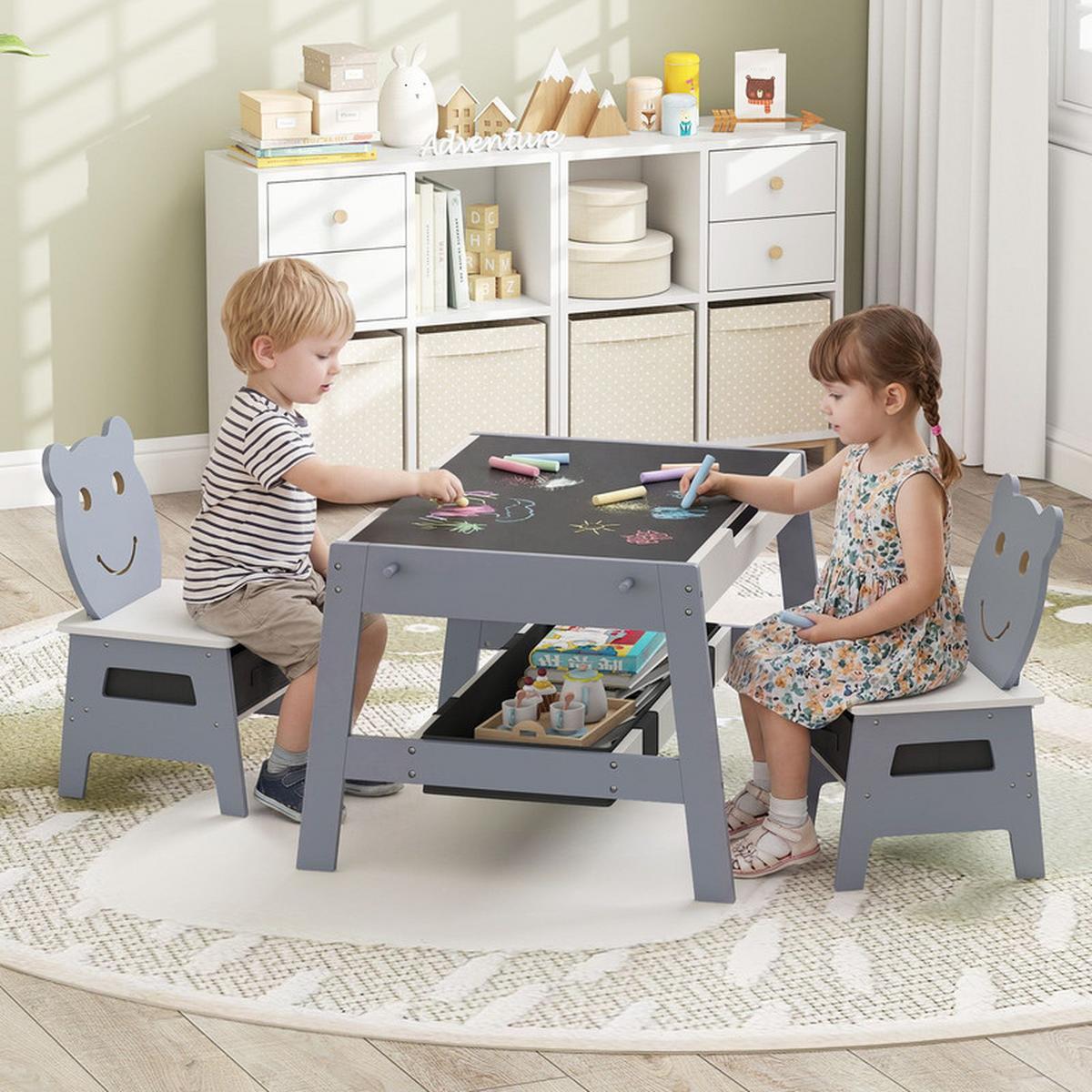 KINDERTISCH mit stuhl grau(3-tlg) - Grau, Holzwerkstoff (70/45/60.5cm) - COSTWAY
