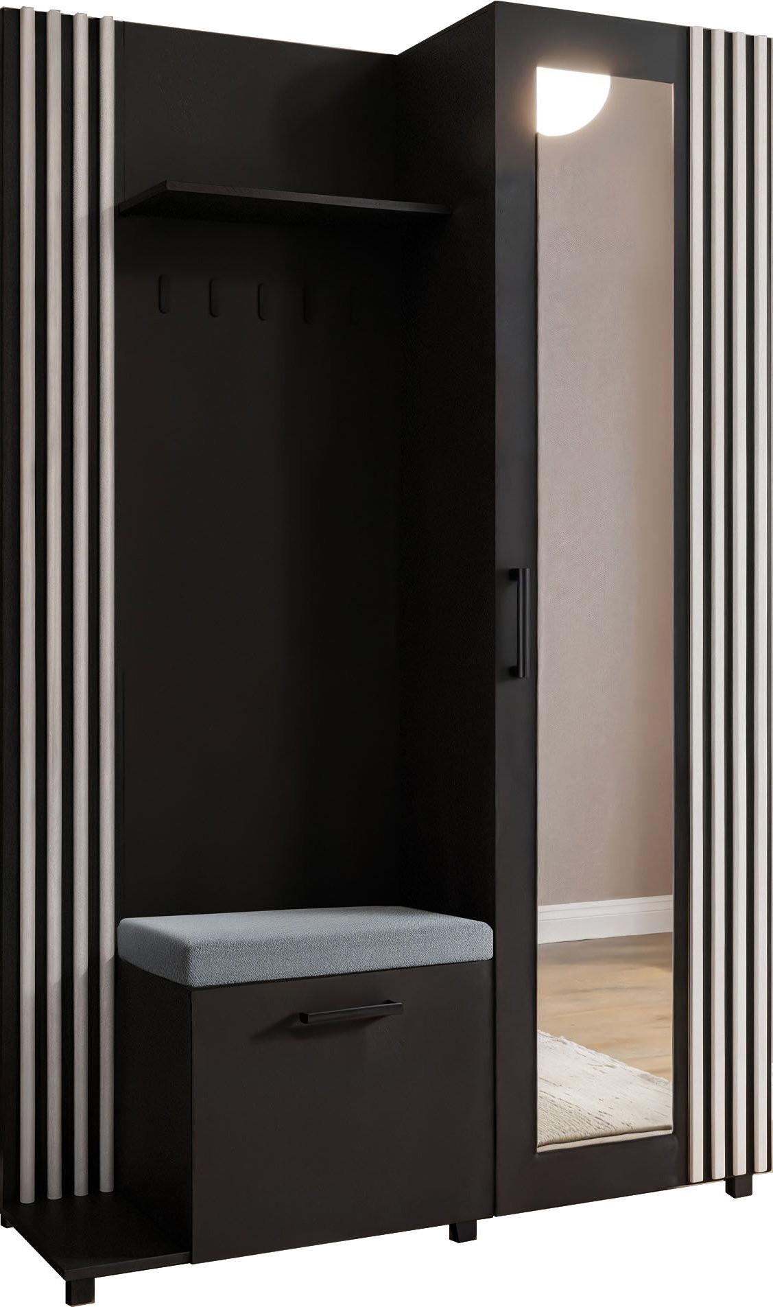 GARDEROBE Linaro mit Spiegel, Sitzbank in Lamellen-Optik 137/207/42 cm, Links - Schwarz, Holzwerkstoff (137/207/42cm) - WFL GROUP