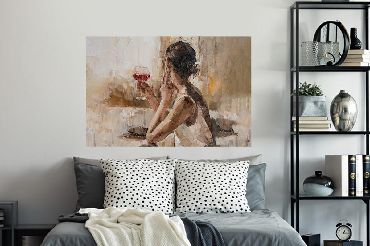 WANDTATTOO Ölgemälde - Frau - Wein Wandsticker 120x80 cm - Hellbraun, Kunststoff (120/80/0.1cm) - MuchoWow