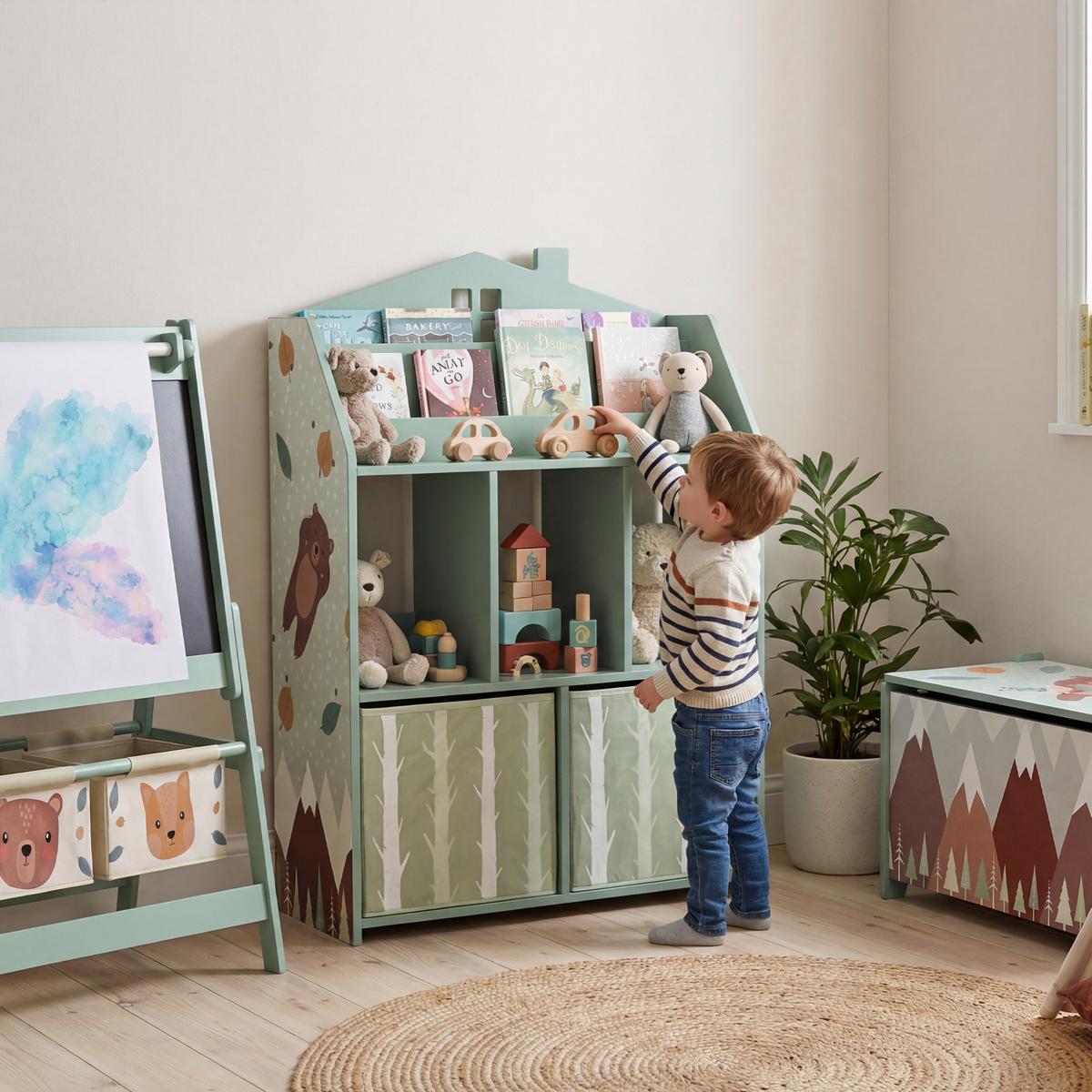 KINDER-BÜCHERREGAL MDF Vliesstoff Grün - Grün, Holzwerkstoff (30/91.5/62.5cm) - AIYAPLAY