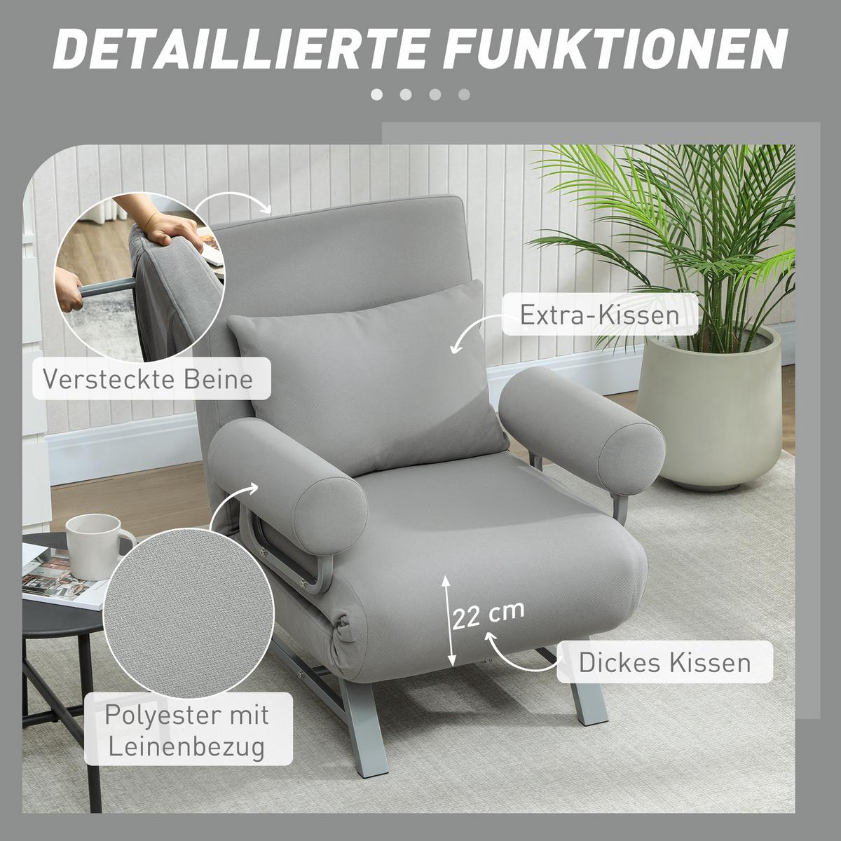 SCHLAFSESSEL 3-in-1 Sessel Bett-Funktion und Zierkissen, Hellgrau - Hellgrau/Grau, Textil/Metall (73/81/78cm) - HOMCOM