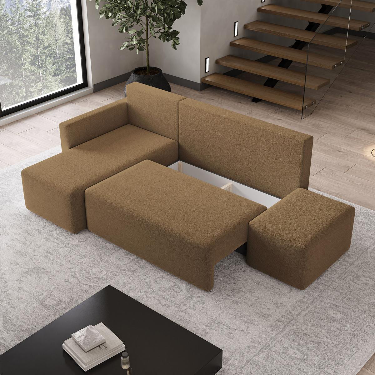 ECKSOFA VELOTTI L-S Orange Boucle-Stoff mit Schlaffunktion - Orange, Holz (261/143cm) - MASSENO