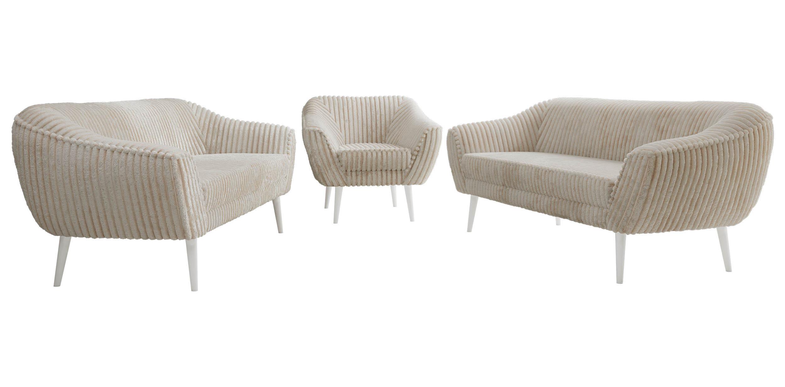 SITZGARNITUR PIRS 3+3+1 - Beige Cord - Weiße Beine - Beige/Creme, Holzwerkstoff/Textil (180/75/74cm) - MKS