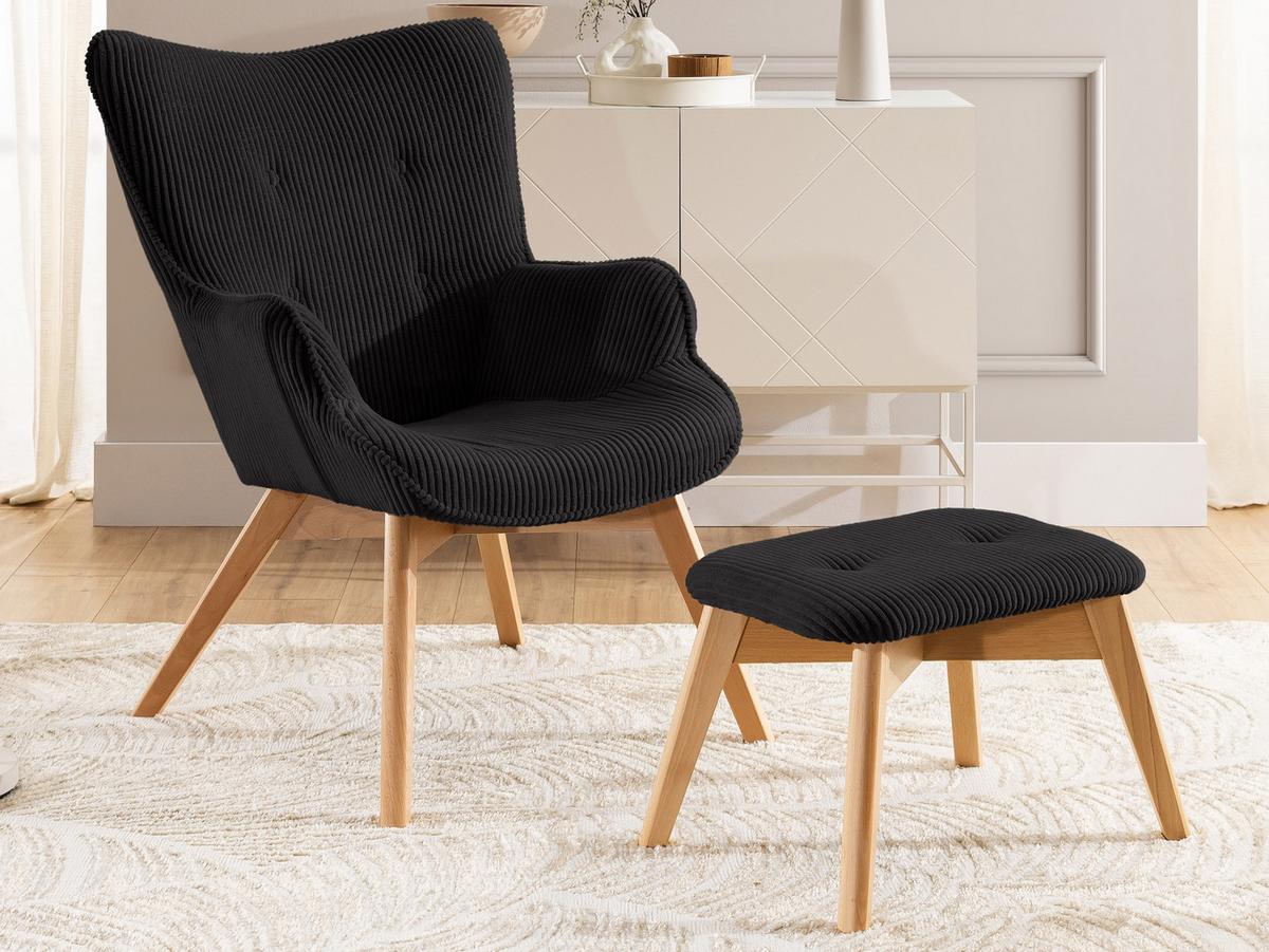 LOUNGESESSEL mit Fußhocker Lenari Schwarz Cordstoff mit Füßen in Natur - Schwarz/Naturfarben, Holz/Textil (71/96/86cm) - S-Style Möbel