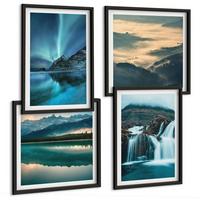 BILDER SET 4er Set - 50x50 cm & 40x60 cm Schwarzer Rahmen - Winterlandschaften, Wasserfälle, Nordlichter - Schwarz, Kunststoff (50/50cm) - TULUP