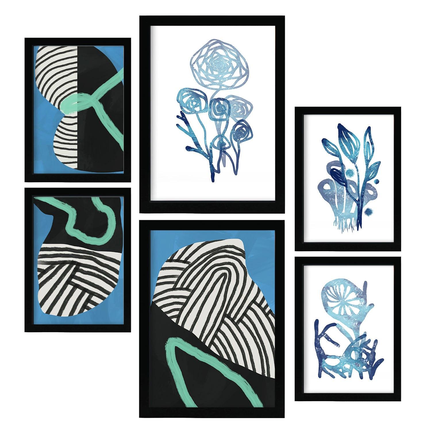 POSTER Set Mit 6 Wildes Grün In Blume Zusammenfassung A3 & A4 Schwarzer Rahmen - Schwarz, Papier (29/3cm) - Nacnic
