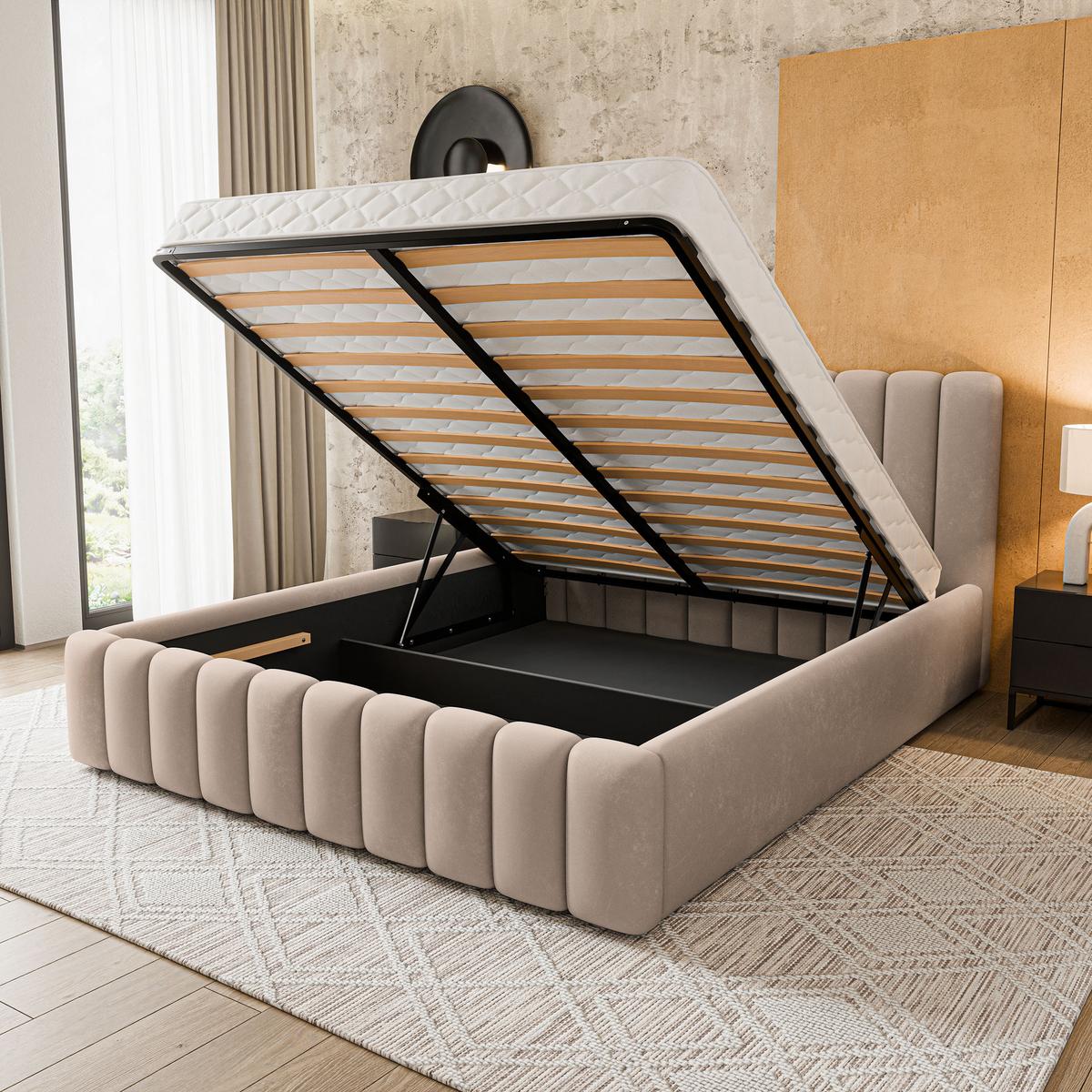 POLSTERBETT DINESE 140x200 cm mit Bettkästen - Beige - Beige, Holz (200/140cm) - MASSENO