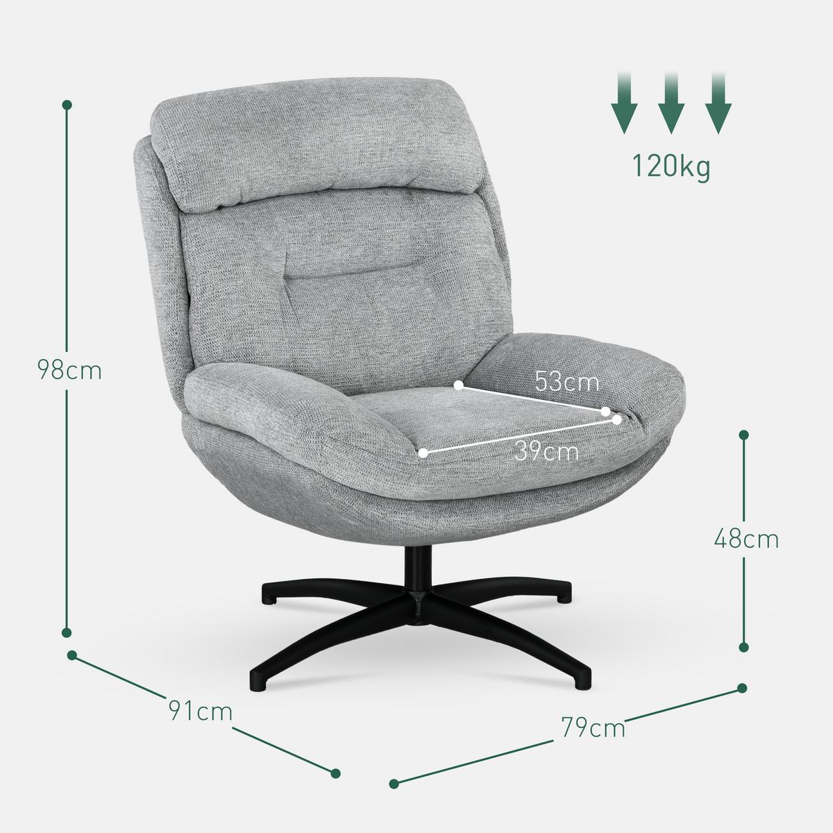 SESSEL Drehbar Loungesessel mit Wasserabweisend Chenille-Optik für Wohnzimmer - Schwarz/Grau, Textil/Metall (91/98/79cm) - HOMCOM