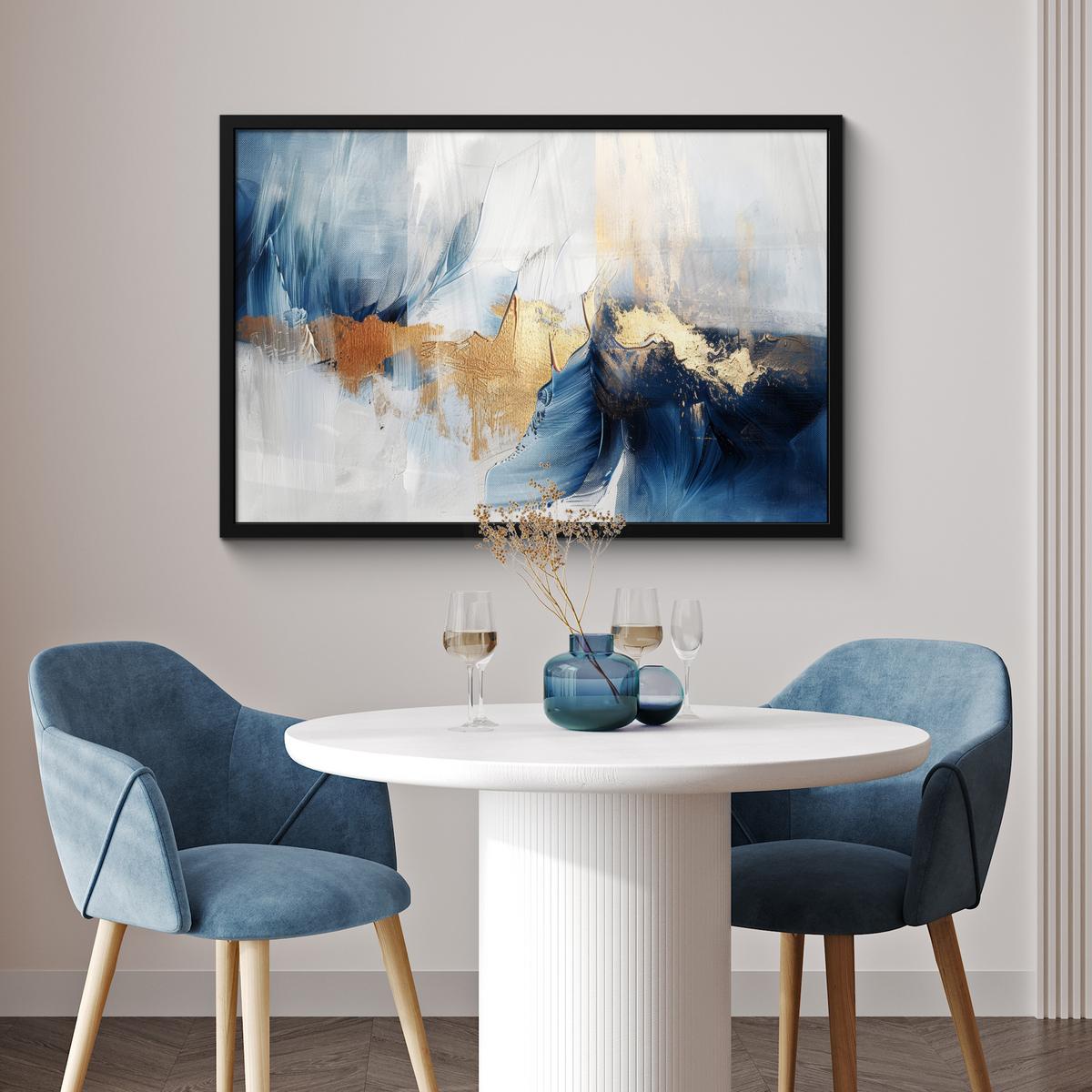 POSTER MIT RAHMENGERAHMTES BILD Gold - Blau - Aquarell - Kunst - Modern 90x60 cm - Hellblau, Papier (90/60cm) - MuchoWow