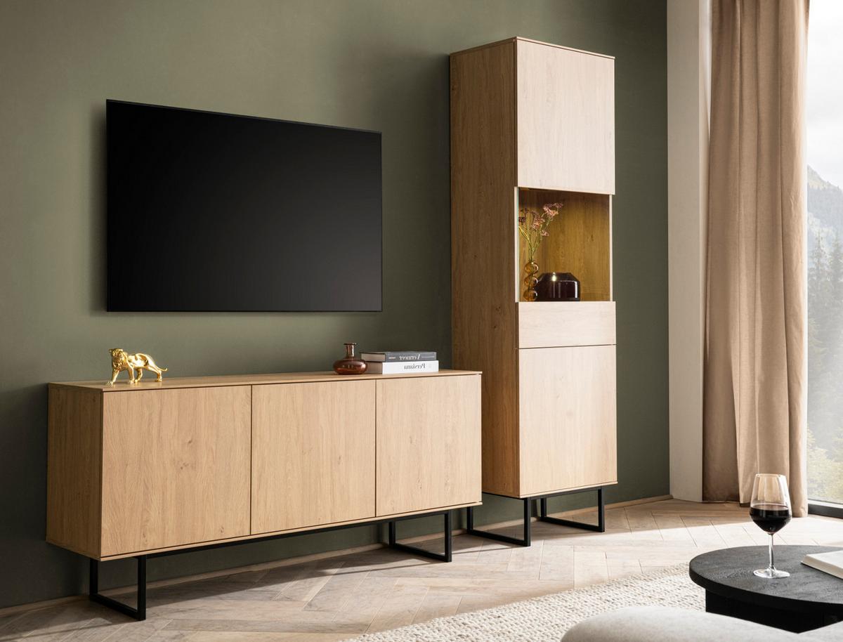 WOHNWAND Stone Eiche, Wohnkombination 2-teilig 220 cm, mit Push-to-Open - Eichefarben/Schwarz, Holzwerkstoff/Metall (220/200/40cm) - Furn.Design