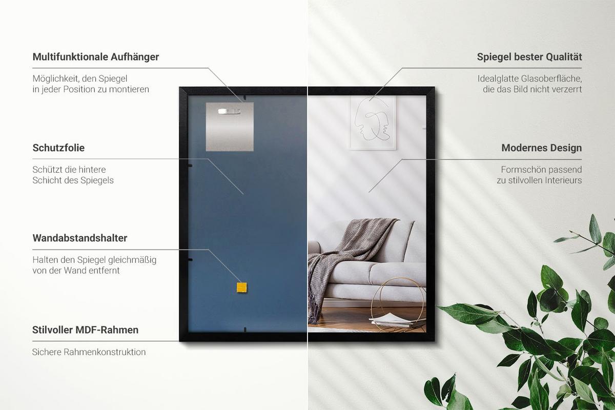 SPIEGEL 50x50cm Schwarzer Rahmen - Schwarz, Glas (50/50/0.4cm) - Wallfluent