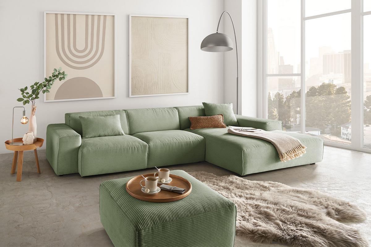 ECKSOFA RANI Grün Cord - Schwarz/Olivgrün, Kunststoff/Textil (299/189cm) - KAWOLA