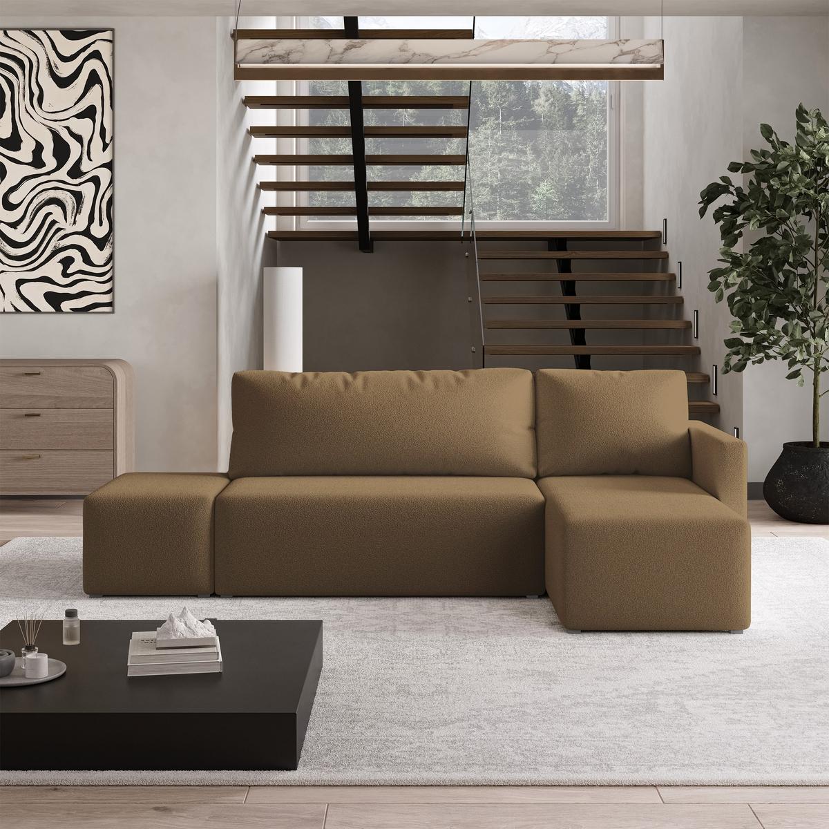 ECKSOFA VELOTTI R-S Orange Boucle-Stoff mit Schlaffunktion - Orange, Holz (261/143cm) - MASSENO