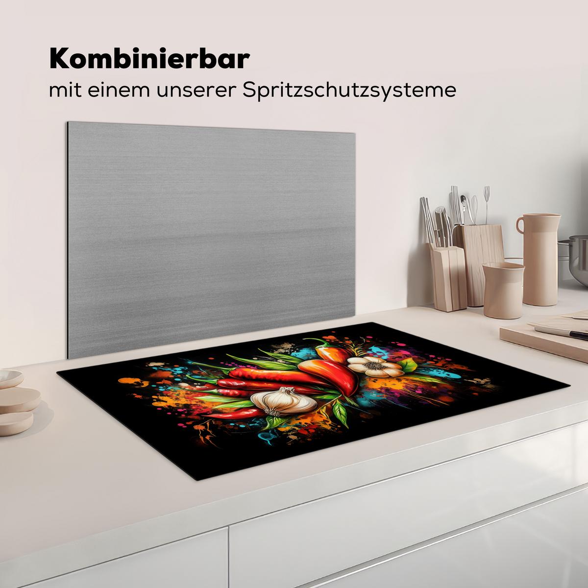 HERDABDECKPLATTE Gemüse - Paprika - Knoblauch - Graffiti - Farbe - Bunt Induktionsmatte 83x51 cm - Rot, Kunststoff (83/51.5/0.2cm) - MuchoWow