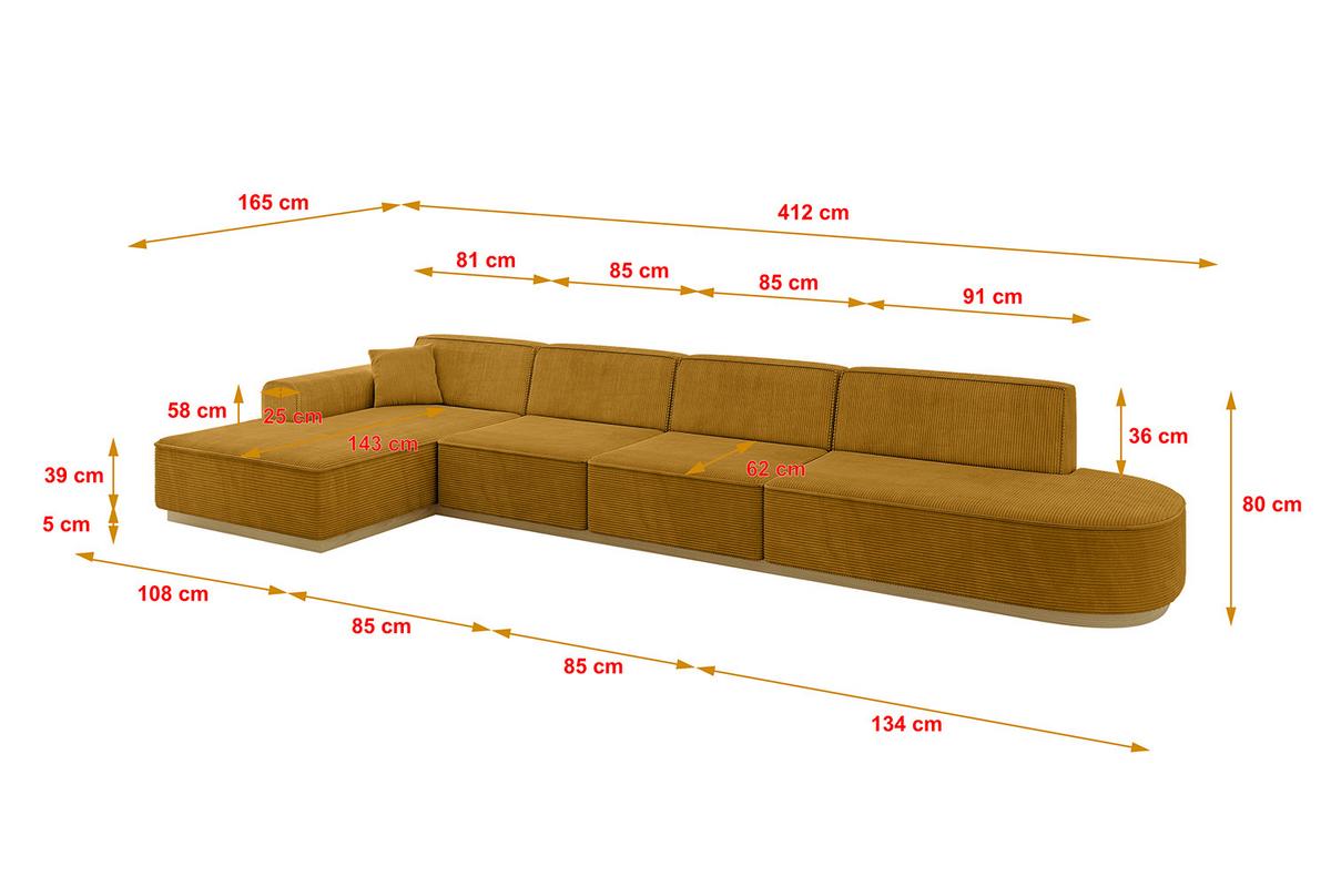 ECKSOFA Ottomane Links IREA-L3-v2 - 412x165x80 cm Senfgelb - Grün, Holzwerkstoff/Textil (412/165cm) - ALTDECOR