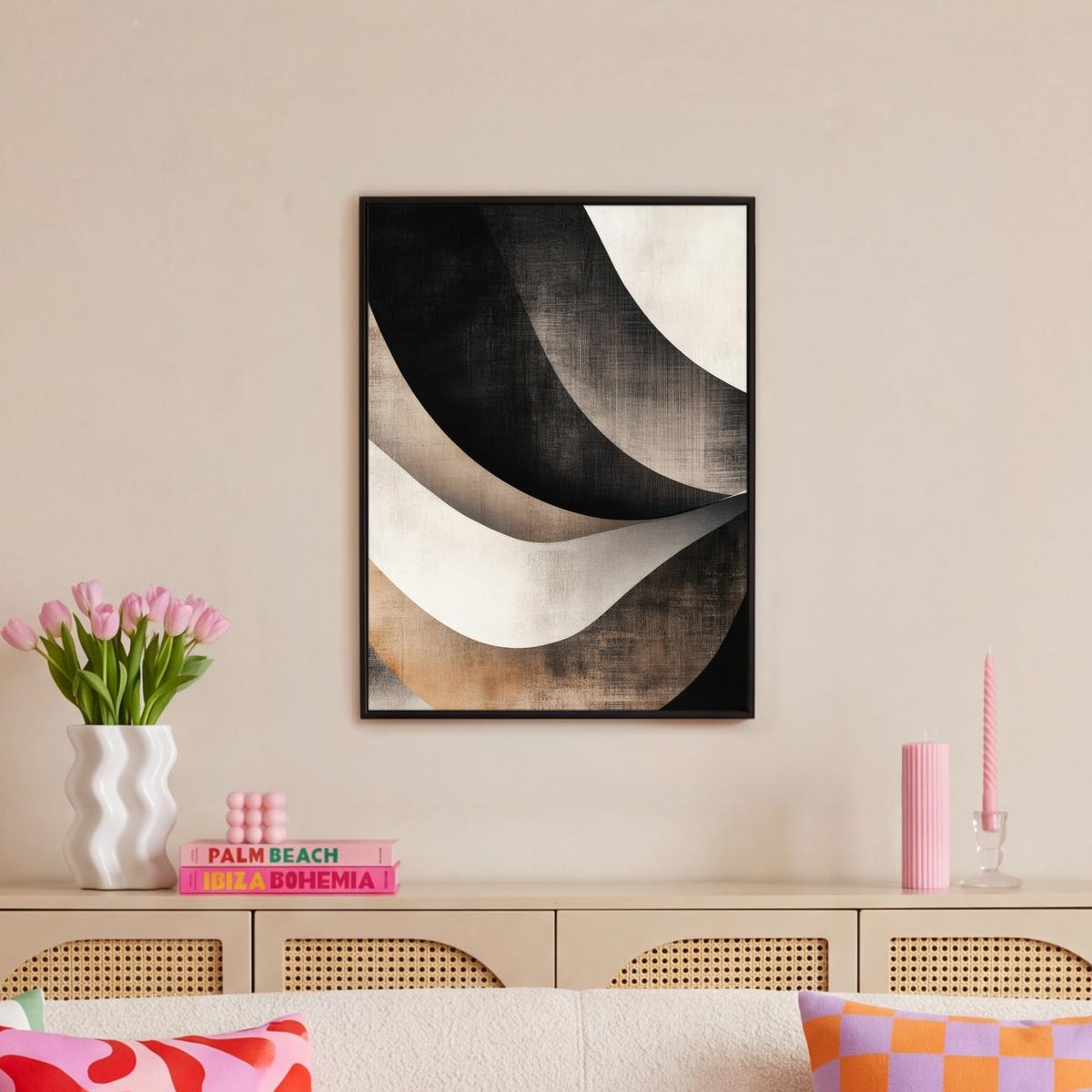 LEINWAND Bilder mit Rahmen - Abstrakt - Wellen - Schwarz - Verwittert - 50x70 - Trüffeleichefarben, Textil (50/70cm) - MuchoWow