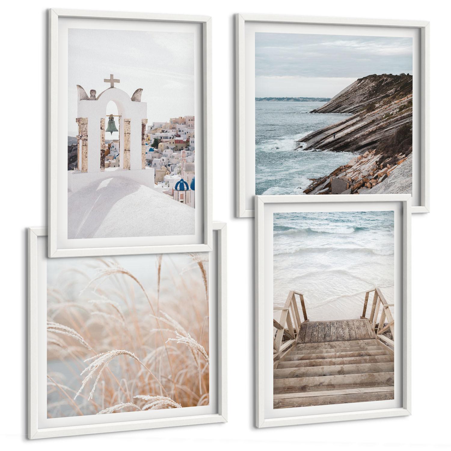 BILDER SET 4er Set - 50x50 cm & 40x60 cm Weißer Rahmen - Meeresarchitektur Santorin - Weiß, Kunststoff (50/50cm) - TULUP