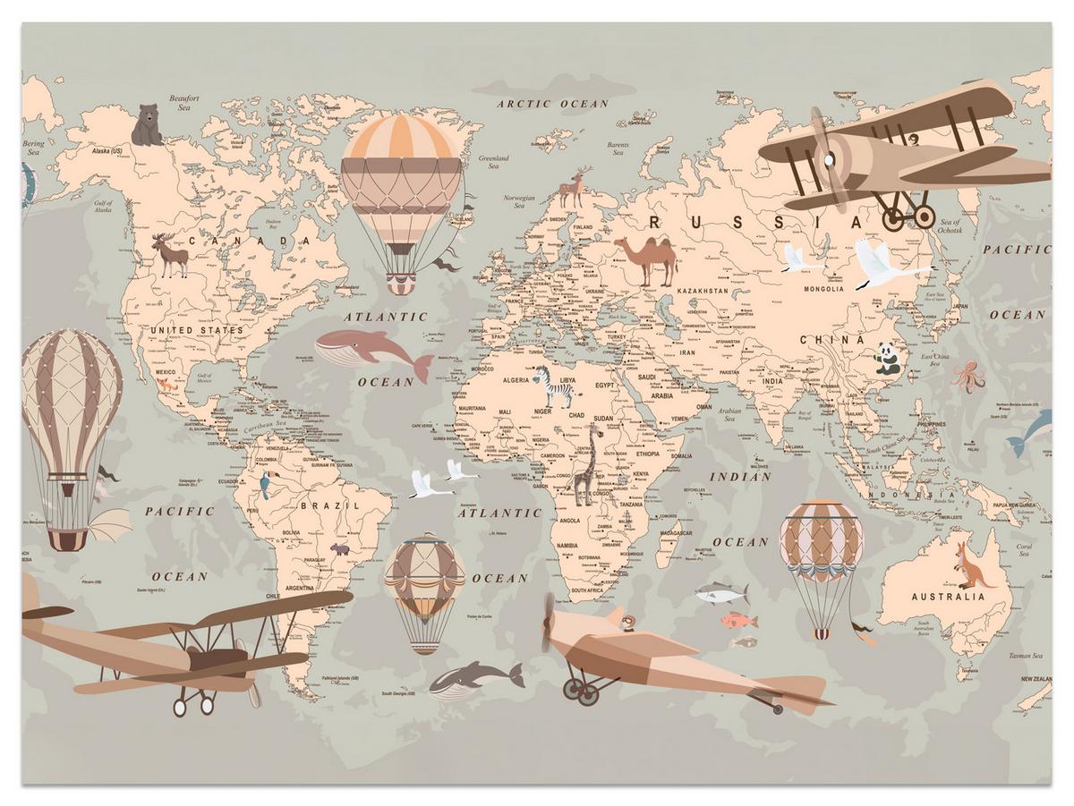 FOTOTAPETE für Kinderzimmer Retro Weltkarte Balony Flugzeuge 100x70 - Beige/Orange, Papier (100/70cm) - Muralo