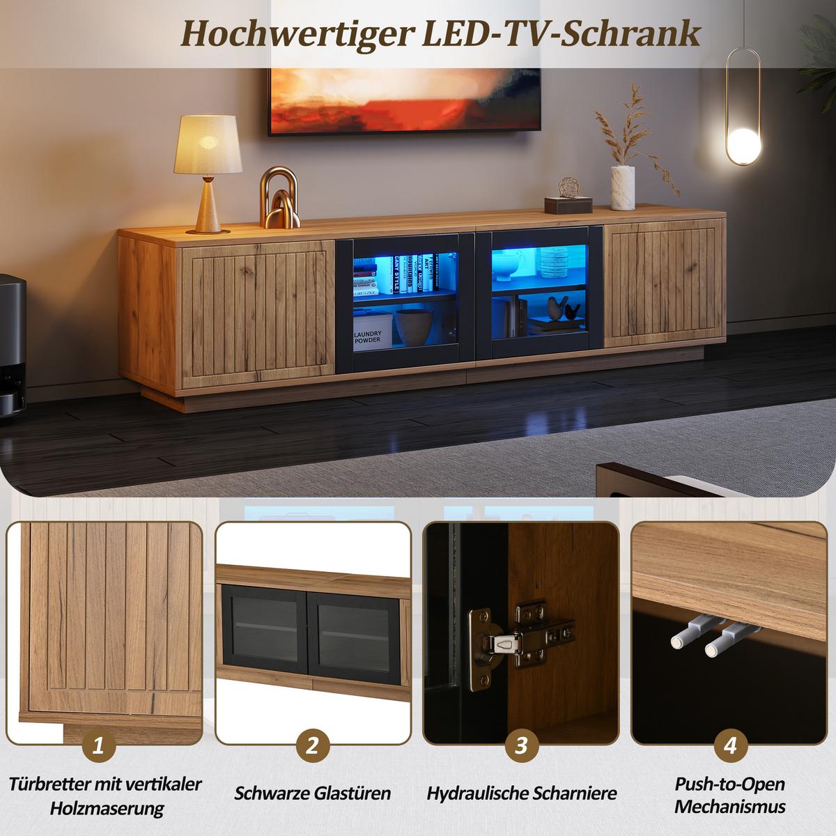 TV-SCHRANK Naturholz & Schwarz 180cm mit 4 Türen & App-LED für 75 Zoll - Naturfarben, Holzwerkstoff (180/45/40cm) - Urban Meuble