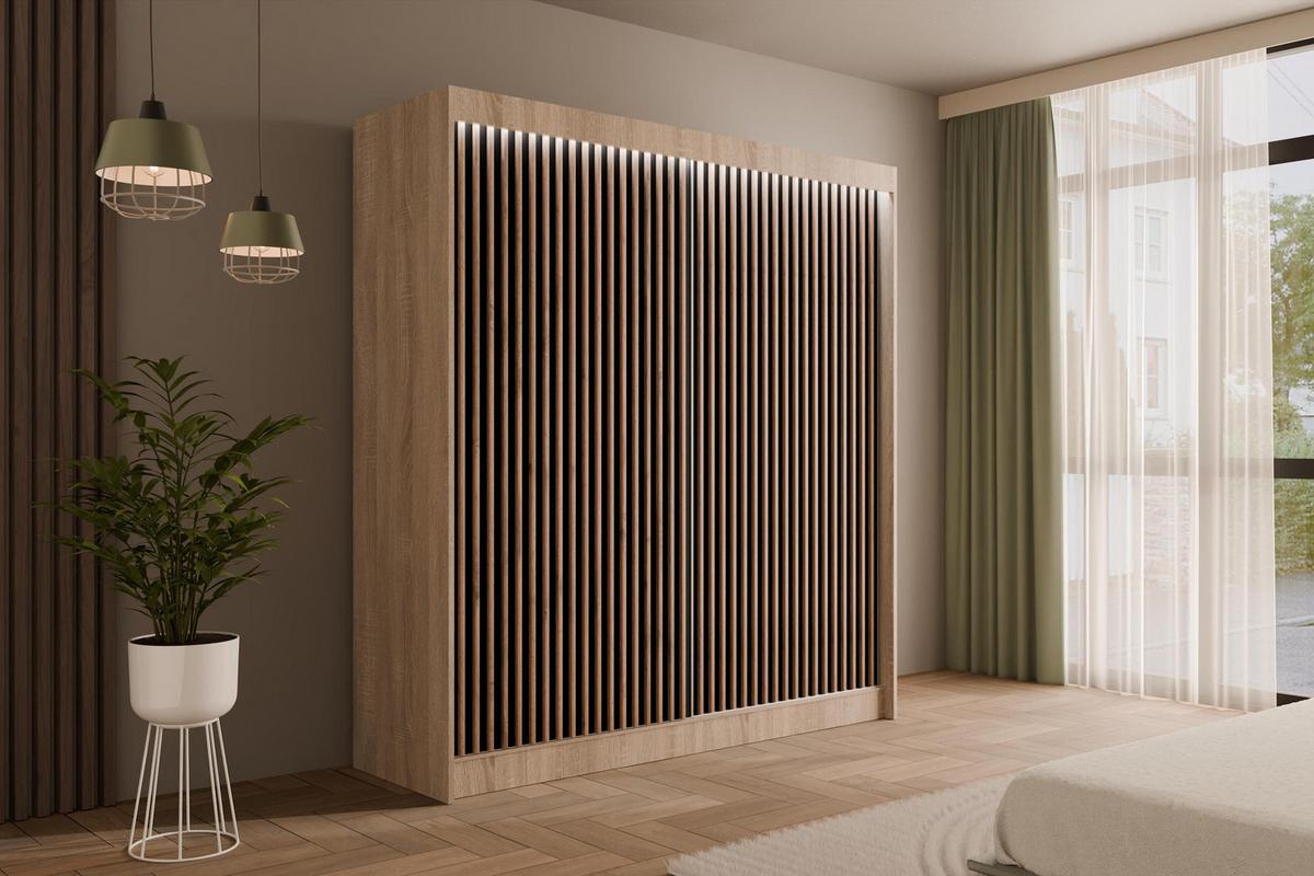 KLEIDERSCHRANK mit LED, Lamel-Schiebetüren VILANv2 - 200 cm Sonoma Eiche + Lamelle Eiche Wotan - Eiche Wotan/Sonoma Eiche, Holzwerkstoff (200/215/61cm) - ALTDECOR