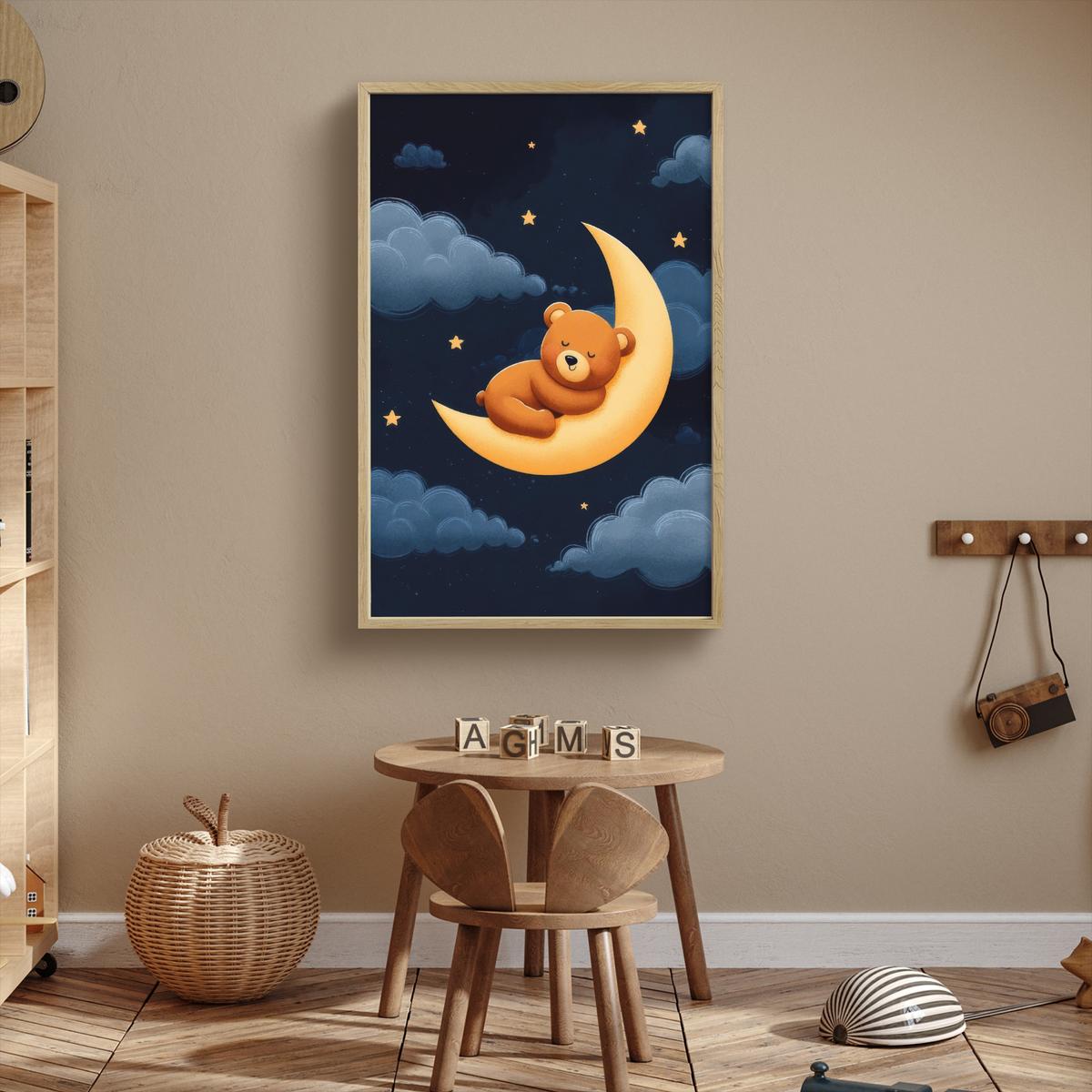 WANDLEUCHTE MIT AKKU Teddybär - Mond - Wolken - Sterne 70x100 cm - Dunkelblau, Holzwerkstoff (70/100/8cm) - OnlyWow