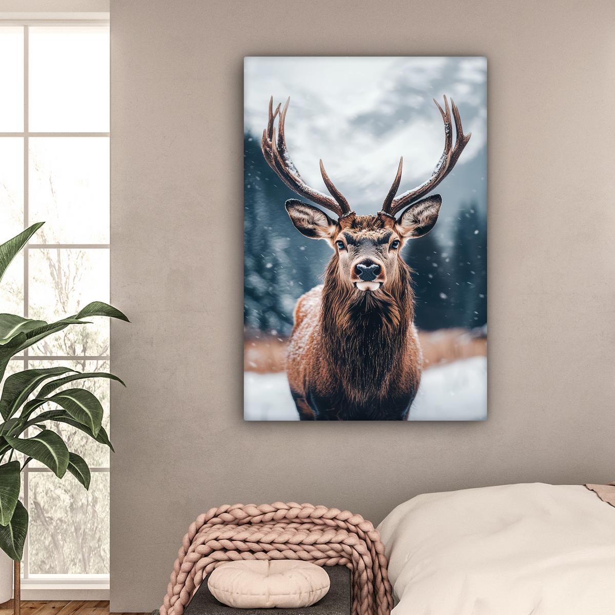 LEINWANDBILD Hirsche - Tiere - Landschaft - Winter - Schnee Deko Groß 90x140 cm - Kastanienfarben, Textil (90/140cm) - MuchoWow