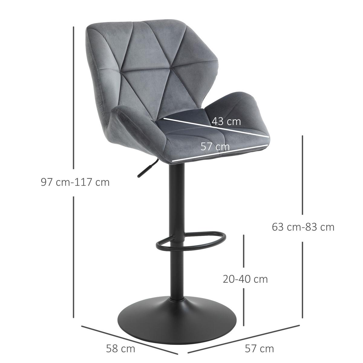 BARHOCKER 2er Set, Gepolstert mit Metallgestell, Samtoptik Grau - Schwarz/Grau, Textil/Metall (57/117/58cm) - HOMCOM