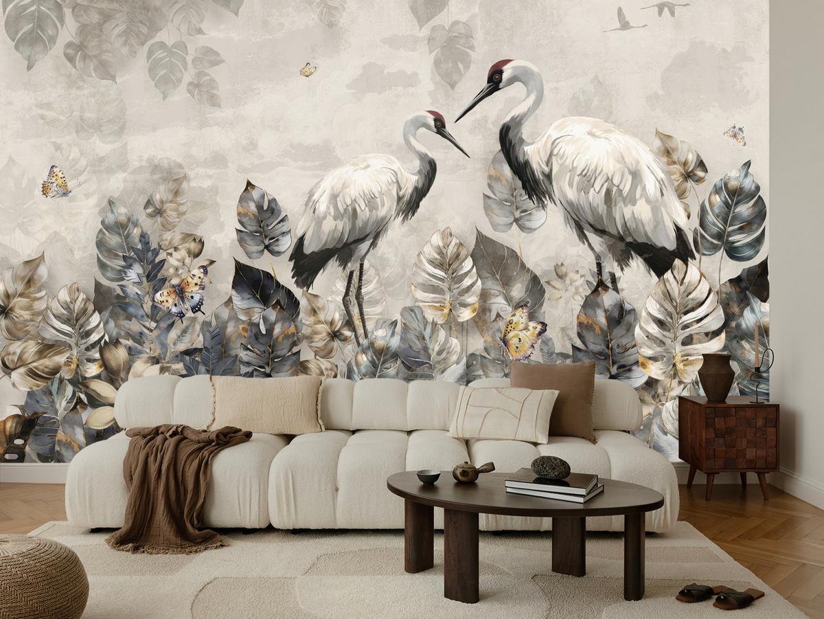 FOTOTAPETE für Wohnzimmer Kraniche Abstrakten Blättern Retro Natur 350x256 - Grau, Papier (350/256cm) - Muralo