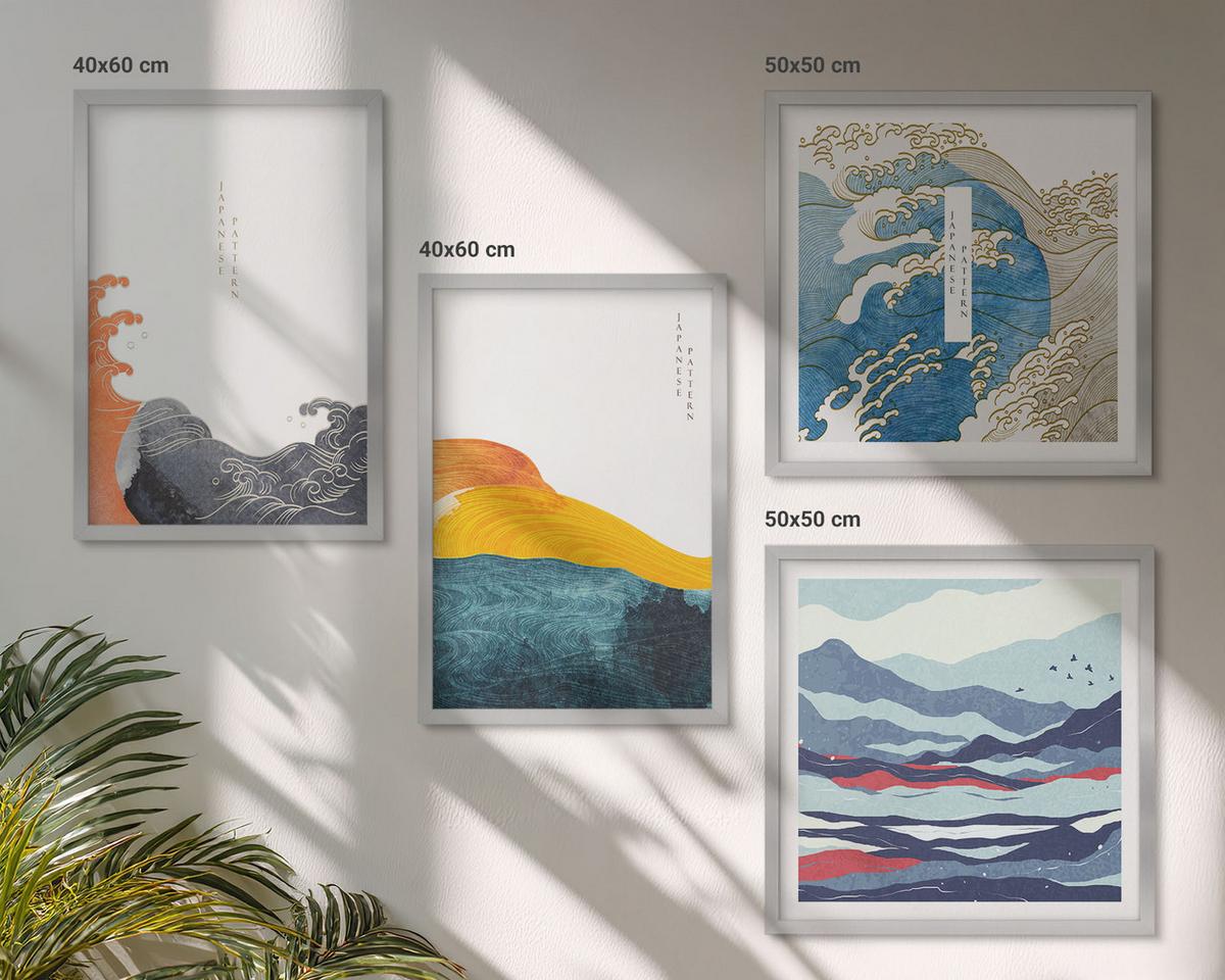 BILDER SET 4er Set - 50x50 cm & 40x60 cm Silberner Rahmen - Wellen – Japanische Kunstgrafik - Silberfarben, Kunststoff (50/50cm) - TULUP