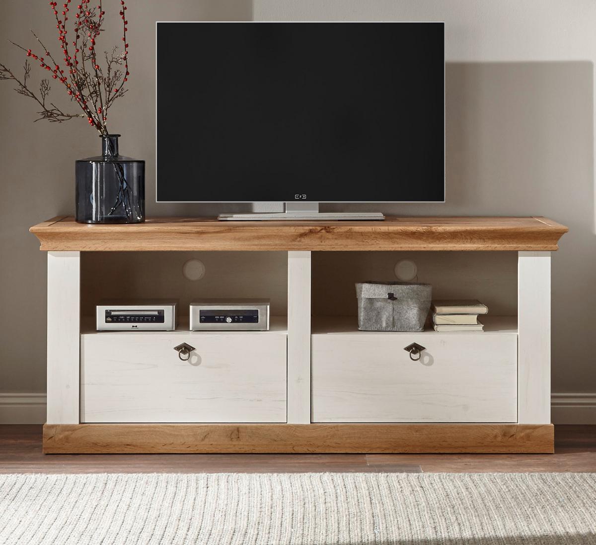 TV-LOWBOARD weiß Pinie, Eiche 150 cm, Landhaus TV Unterschrank mit Komforthöhe - Silberfarben/Eiche Wotan, Holzwerkstoff/Metall (152/64/52cm) - Furn.Design
