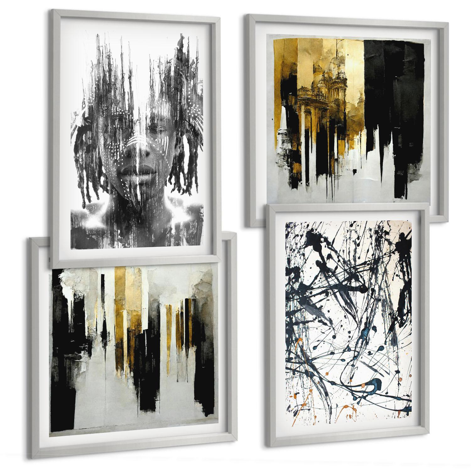 BILDER SET 4er Set - 50x50 cm & 40x60 cm Silberner Rahmen - Kontrastierende abstrakte Porträts - Silberfarben, Kunststoff (50/50cm) - TULUP