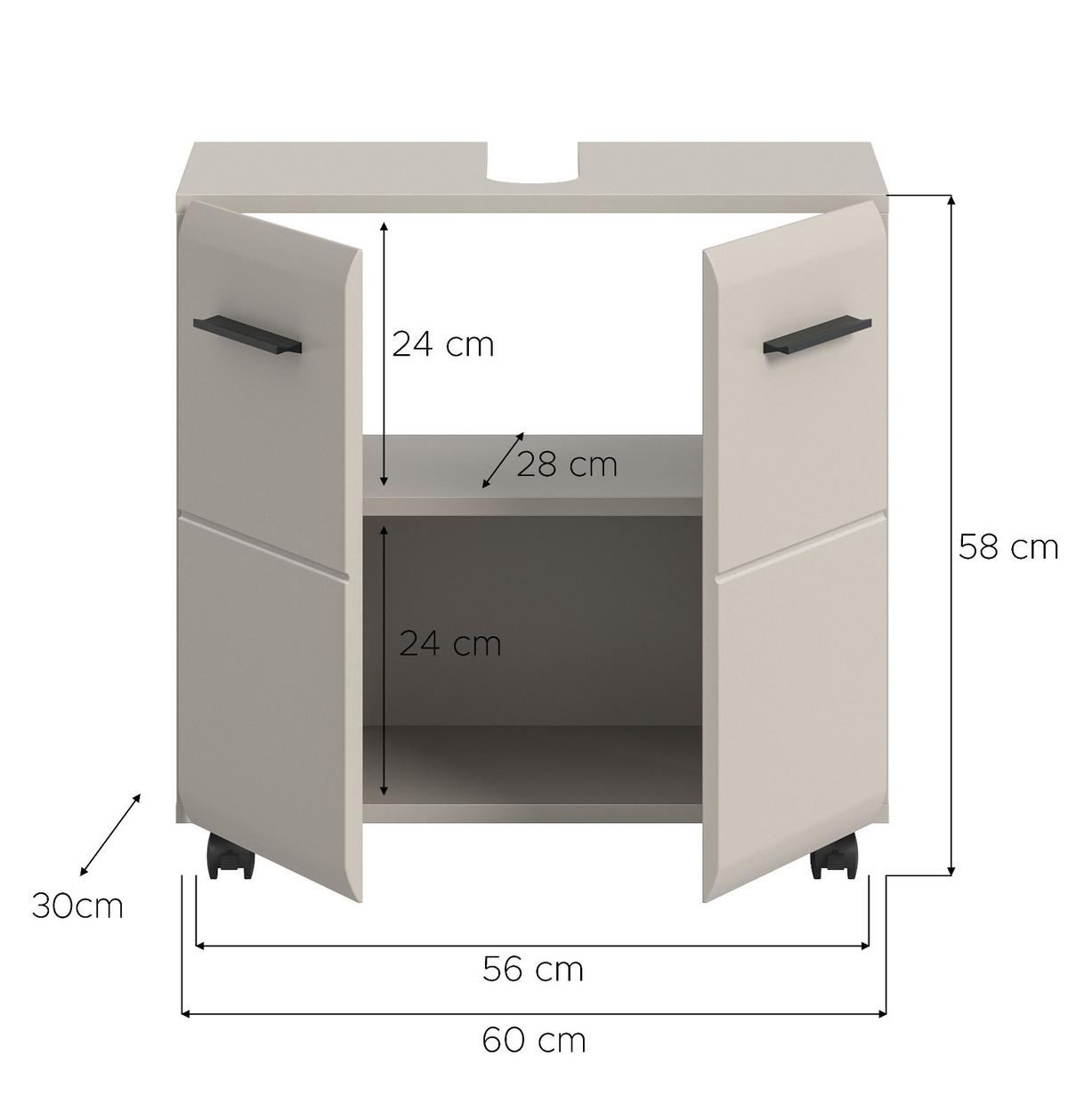 WASCHBECKENUNTERSCHRANK Kaschmir 60 cm 2-türig, Badezimmer Unterschrank auf Rollen - Kaschmir/Schwarz, Holzwerkstoff/Kunststoff (60/58/30cm) - Inn.Furn