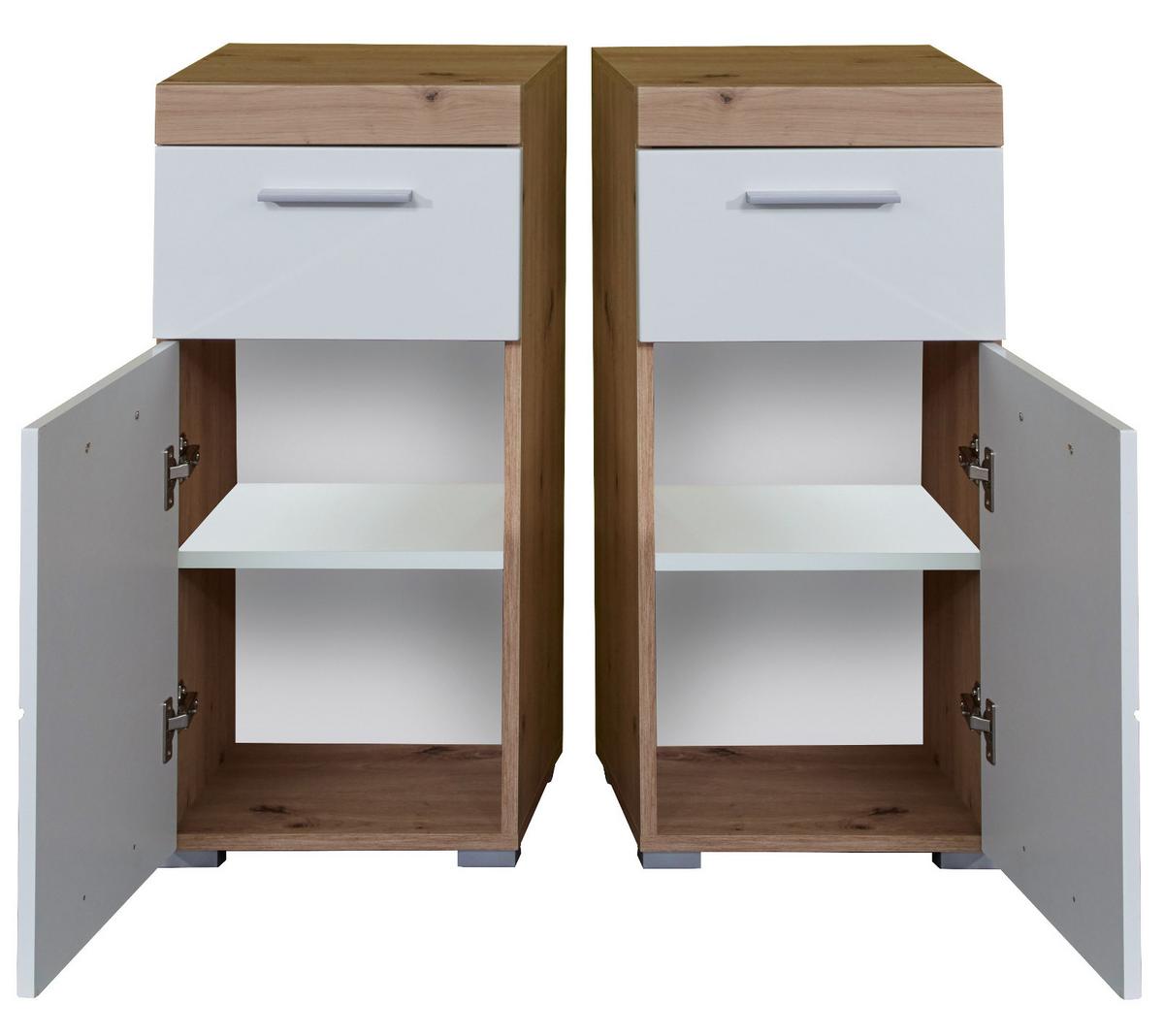 BADSCHRANK weiß Hochglanz, Asteiche 37 x 79 cm, Badezimmer Kommode modern - Eichefarben/Weiß, Holzwerkstoff/Kunststoff (37/79/31cm) - Top.Furn