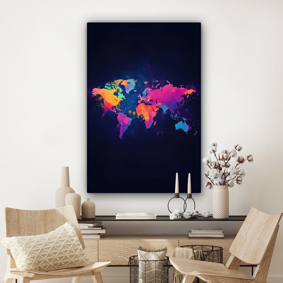 LEINWANDBILD Weltkarte - Bunt - Graffiti Deko XXL 80x120 cm - Multicolor, Textil (80/120cm) - MuchoWow