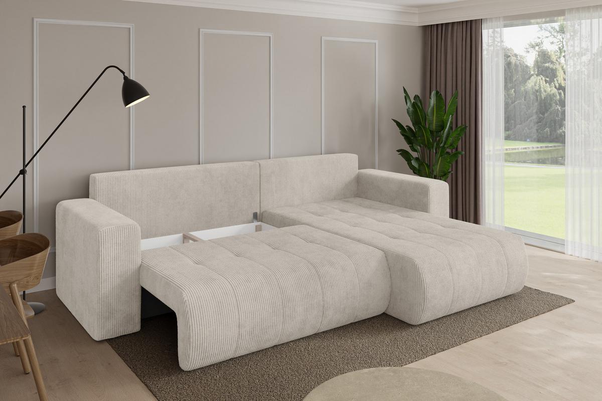 ECKSOFA mit Schlaffunktion Ottomane Rechts MILA-L 277x194x86 Creme Cord - Ecru/Creme, Holzwerkstoff/Kunststoff (277/194cm) - ALTDECOR
