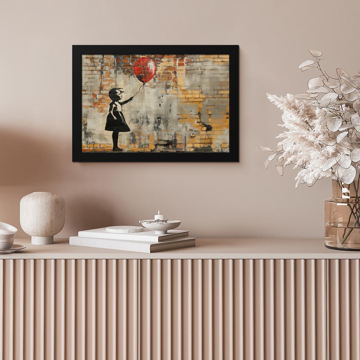 POSTER MIT RAHMENGERAHMTES BILD Graffiti - Banksy - Mädchen - Straßenkunst 30x20 cm - Sandfarben, Papier (30/20cm) - MuchoWow