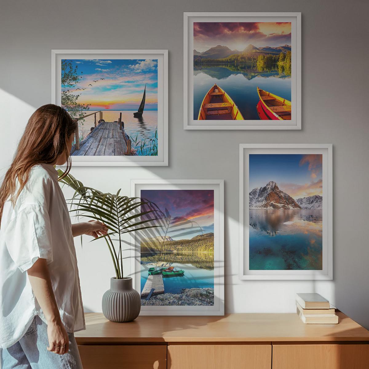 BILDER SET 4er Set - 50x50 cm & 40x60 cm Weißer Rahmen - Seen- und Berglandschaft Łódź - Weiß, Kunststoff (50/50cm) - TULUP