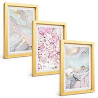 BILDER SET 3er Set - 20x30 cm Goldrahmen - Rosa Blumen Marmor Pastell - Goldfarben, Kunststoff (20/30cm) - TULUP