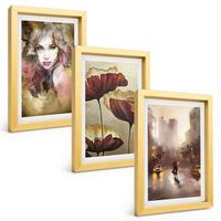 BILDER SET 3er Set - 20x30 cm Goldrahmen - Abstraktes Porträt einer Frau mit Blumen und Regen - Goldfarben, Kunststoff (20/30cm) - TULUP